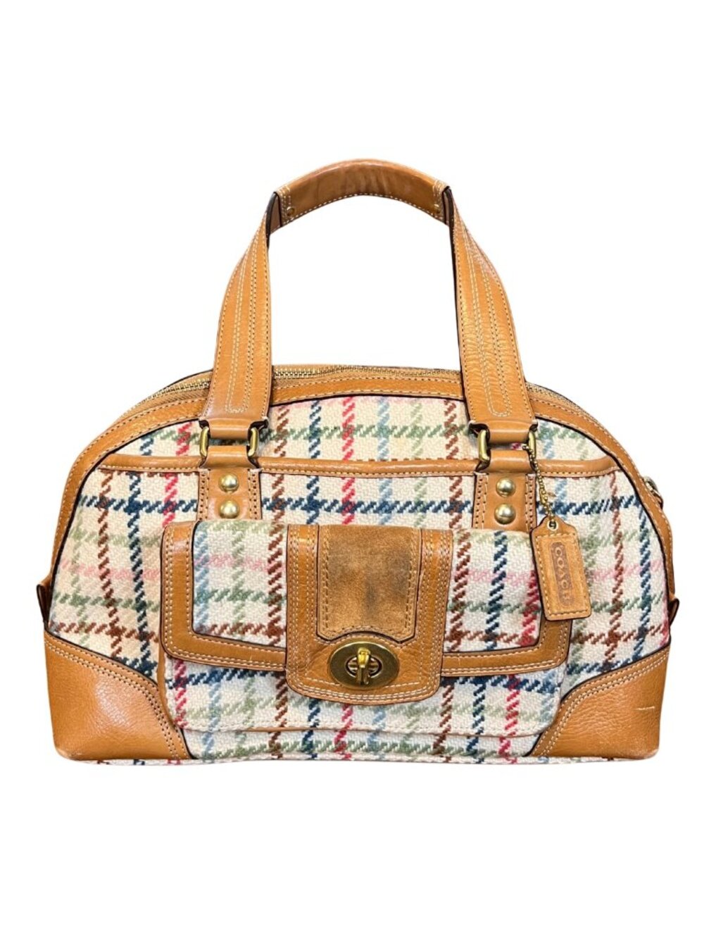 Coach F13990 Tattersall Plaid Wool Tweed Leather Satchel Y2K
